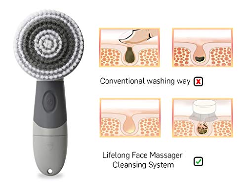 Lifelong LLM621 Electric Portable Face Cleanser and Massager Brush with 4 Brush Heads for Deep Cleansing Grey