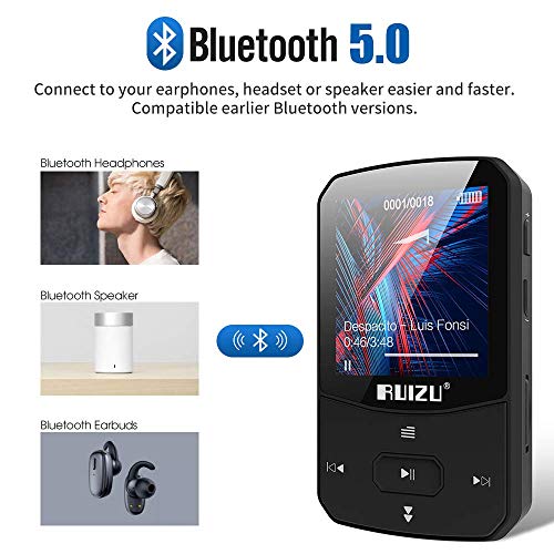 RUIZU X52 16GB Clip Mp3 Player with Bluetooth 5.0 16GB Lossless Sound Music Player with FM Radio to 128GB(Black)