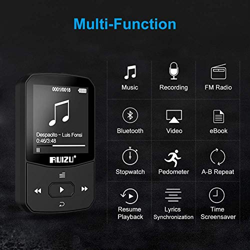 RUIZU X52 16GB Clip Mp3 Player with Bluetooth 5.0 16GB Lossless Sound Music Player with FM Radio to 128GB(Black)