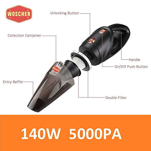 WOSCHER 2003 High Power Auto Car Vacuum Cleaner for Deep Cleaning with DC 12V, 140W Vacuum Motor and 5000 PA Powerful Suction, Black