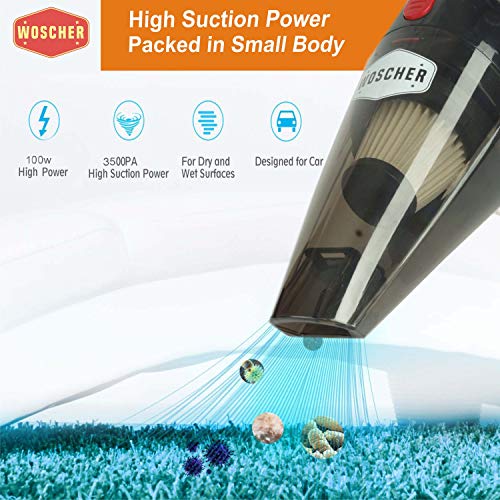 WOSCHER 2003 High Power Auto Car Vacuum Cleaner for Deep Cleaning with DC 12V, 140W Vacuum Motor and 5000 PA Powerful Suction, Black