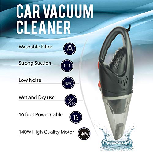 WOSCHER 2003 High Power Auto Car Vacuum Cleaner for Deep Cleaning with DC 12V, 140W Vacuum Motor and 5000 PA Powerful Suction, Black