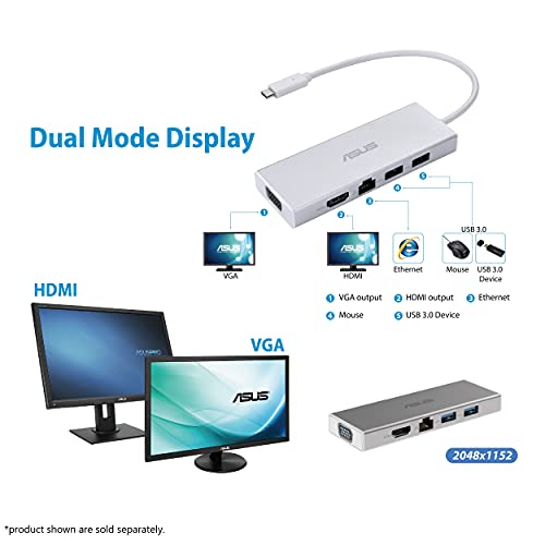 ASUS OS200 USB-C DONGLE with Two USB 3.0 Ports, Gigabit Ethernet Port, HDMI and VGA, White