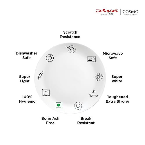 La Opala Diva Cosmo Collection Opal Glass Crockery Full Plate 11 Set of 6 Light & White