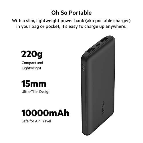 Belkin 10000 mAh Slim Power Bank with 1 USB-C and 2 USB-A Ports to Charge 3 Devices Simultaneously with up to 15W - Black