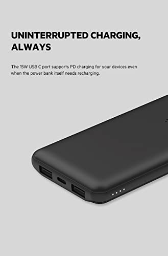 Belkin 10000 mAh Slim Power Bank with 1 USB-C and 2 USB-A Ports to Charge 3 Devices Simultaneously with up to 15W - Black