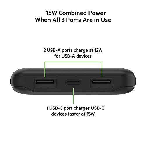 Belkin 10000 mAh Slim Power Bank with 1 USB-C and 2 USB-A Ports to Charge 3 Devices Simultaneously with up to 15W - Black