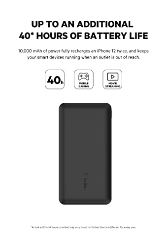 Belkin 10000 mAh Slim Power Bank with 1 USB-C and 2 USB-A Ports to Charge 3 Devices Simultaneously with up to 15W - Black