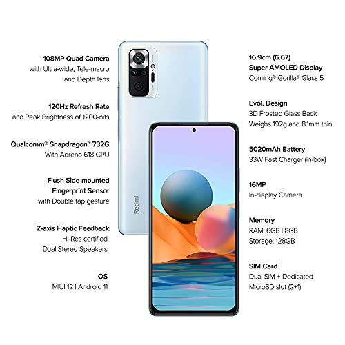  Redmi Note 10 Pro Max (Glacial Blue, 8GB RAM, 128GB Storage) -108MP Quad Camera | 120Hz Super Amoled Display Refurbished