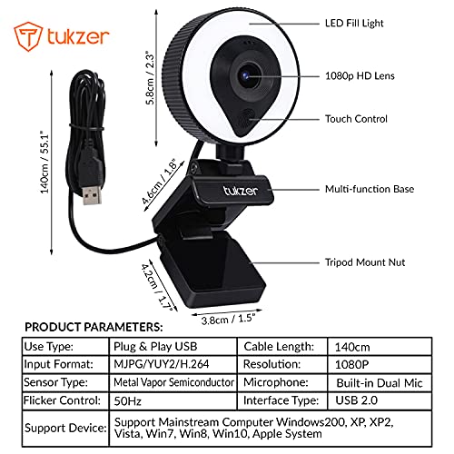 Tukzer HD 1080P Webcam with Microphone and Ring Light, Plug and Play Web Camera (TZ-WC1)