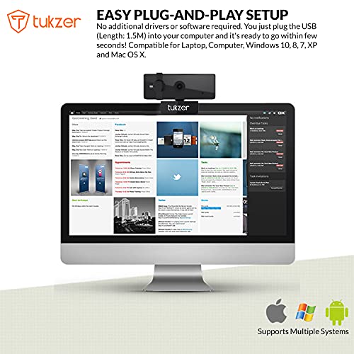 Tukzer 2.1 MP Full HD 1080P Web Camera CMOS Webcam with Microphone 360° Rotatable Tripod Ready Mount Plug-n-Play USB for Windows Mac (C01)