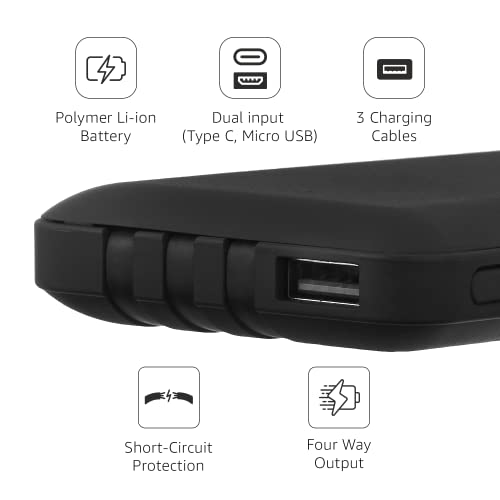 Amazon Basics 10000mAH Lithium Polymer Power Bank 3 Charging Cables Included Four Way Output Black