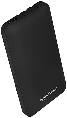 Amazon Basics 10000mAH Lithium Polymer Power Bank 3 Charging Cables Included Four Way Output Black