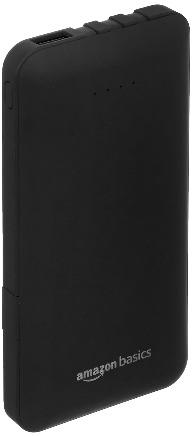 Amazon Basics 10000mAH Lithium Polymer Power Bank 3 Charging Cables Included Four Way Output Black