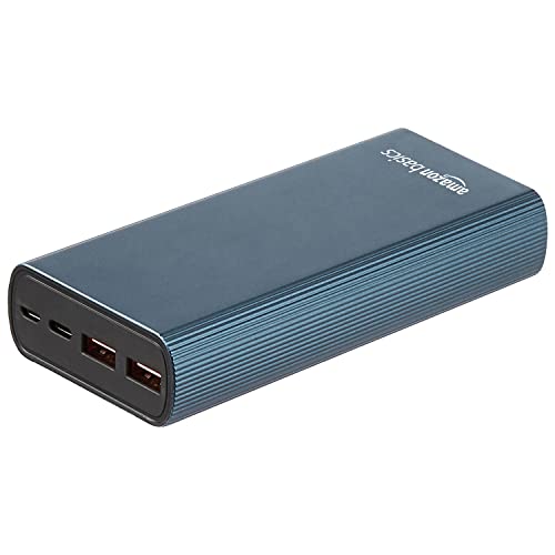 Amazon Basics 20000 Mah Lithium Polymer 22.5W Fast Charging Power Bank Triple Output Type C 2 USB Dual Input Metallic Blue