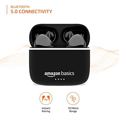 Amazon Basics Bluetooth 5.0 Truly Wireless in Ear Earbuds with mic, Up to 38 Hours Playtime, IPX-5 Rated, Type-C Charging Case, Touch Controls, Voice Asst Black