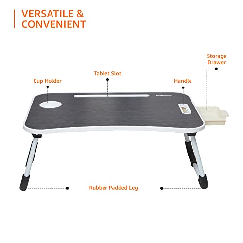 Amazon Basics Engineered Wood Foldable Laptop Table with Cup Holder, Tablet Groove and Mini Drawer (Black)