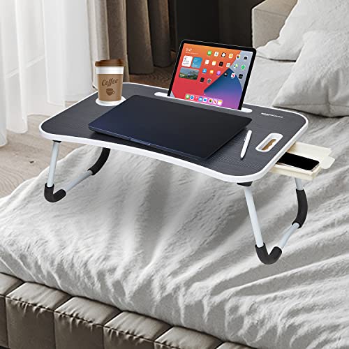 Amazon Basics Engineered Wood Foldable Laptop Table with Cup Holder, Tablet Groove and Mini Drawer (Black)