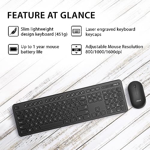 ASUS Wireless Keyboard and Silent Optical Mouse Set CW100 Up to 1600dpi,RF 2.4GHz Black