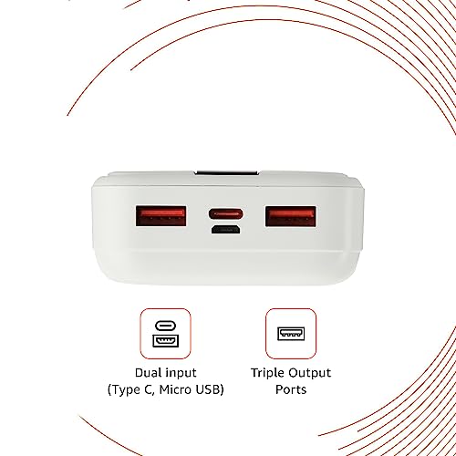 Amazon Basics 20000 mAh 22.5W Fast Charging Lithium Polymer Power Bank with Type C Cable Dual Input, Triple Output White