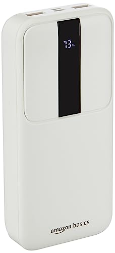 Amazon Basics 20000 mAh 22.5W Fast Charging Lithium Polymer Power Bank with Type C Cable Dual Input, Triple Output White