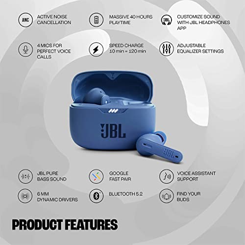 JBL Tune 230NC TWS, Active Noise Cancellation Earbuds with Mic, Massive 40 Hrs Playtime with Speed Charge, Adjustable (Blue)