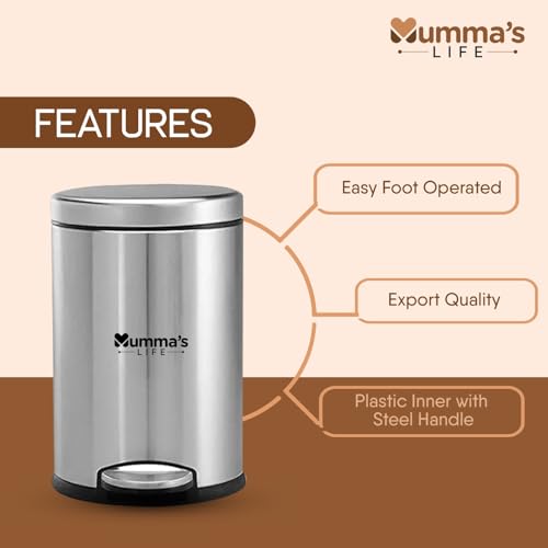 Mumma's LIFE Stainless Steel Plain Pedal Bin with Plastic Bucket And Lid Garbage Bin Trash Can, Round Shape Dustbin For Home