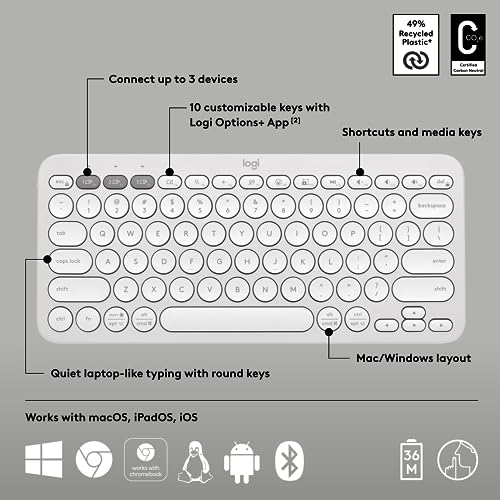 Logitech Pebble Keys 2 K380s, Multi-Device Bluetooth Wireless Keyboard Tonal White