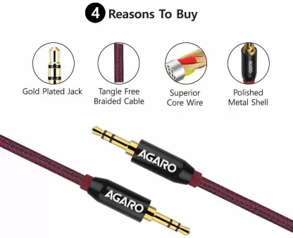 AGARO 3.5mm Male to Male Gold Plated Aux Connectors, 2 Meters Tough Nylon Braided Audio Cable