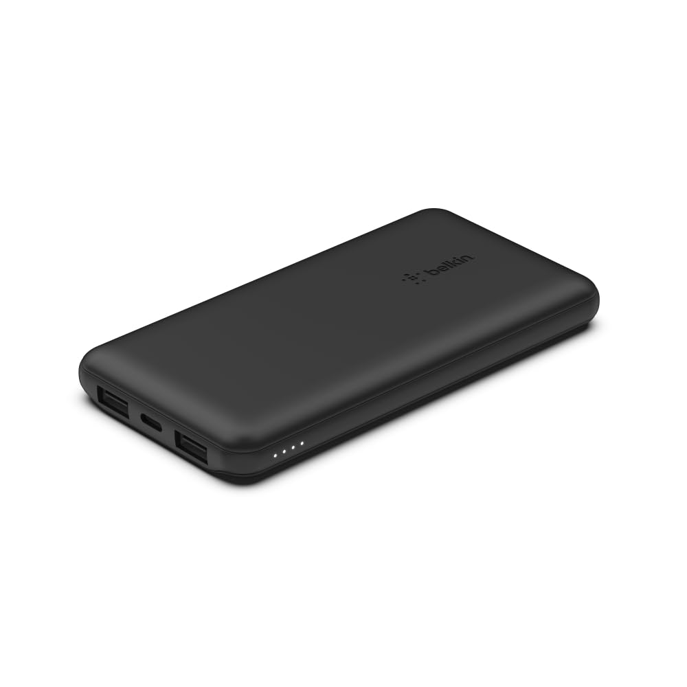 Belkin 10000 mAh Slim Power Bank with 1 USB-C and 2 USB-A Ports to Charge 3 Devices Simultaneously with up to 15W - Black