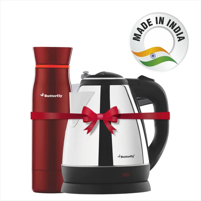 Butterfly Rapid Electric Kettle (1.5 L, Black) and H&O 500ML Flask (Terracotta Red)