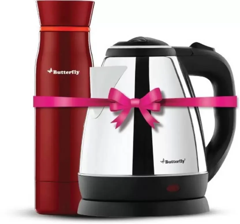 Butterfly Rapid Electric Kettle (1.5 L, Black) and H&O 500ML Flask (Terracotta Red)