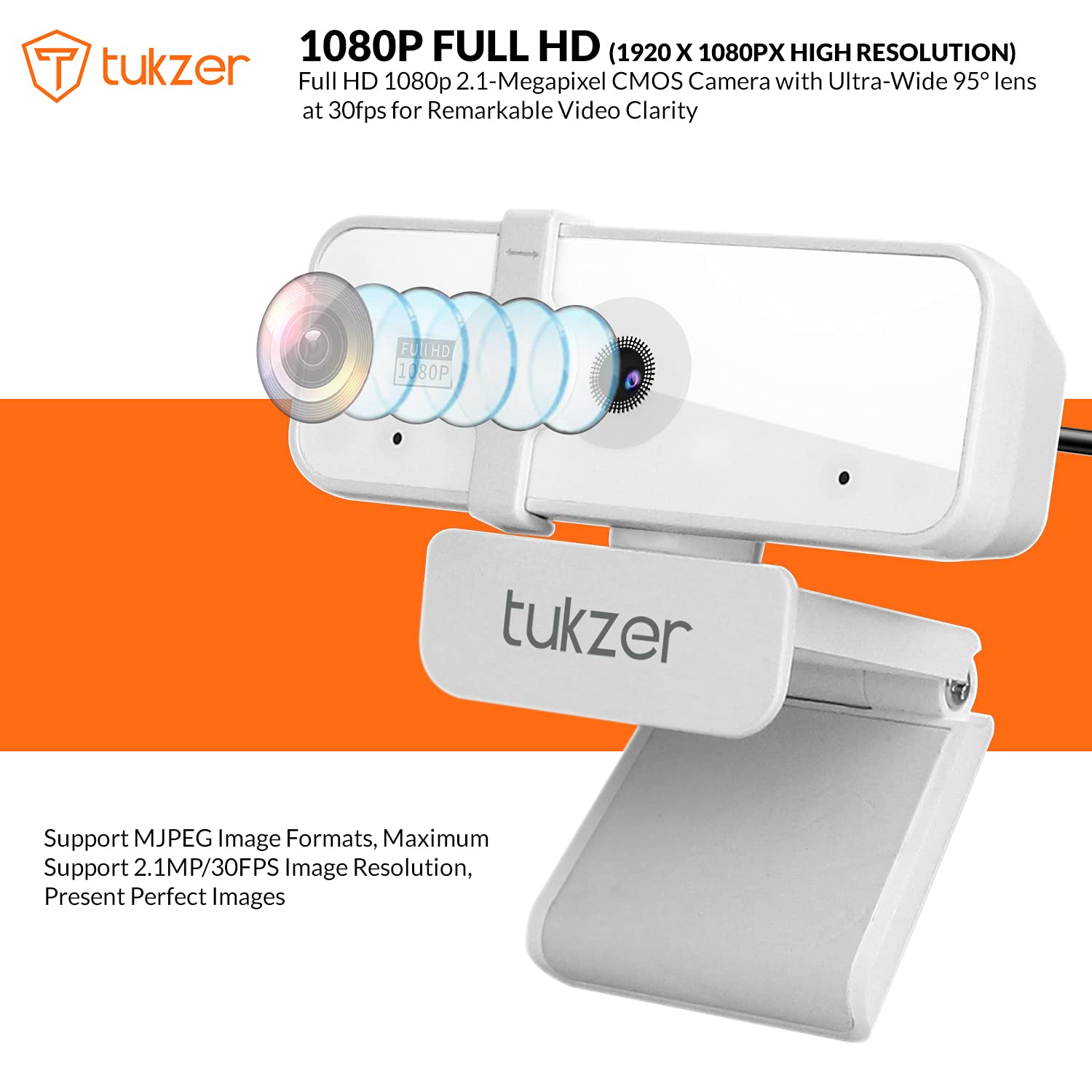 Tukzer 2.1 MP Optical Full HD 1080P Web Camera,CMOS Webcam with Microphone White