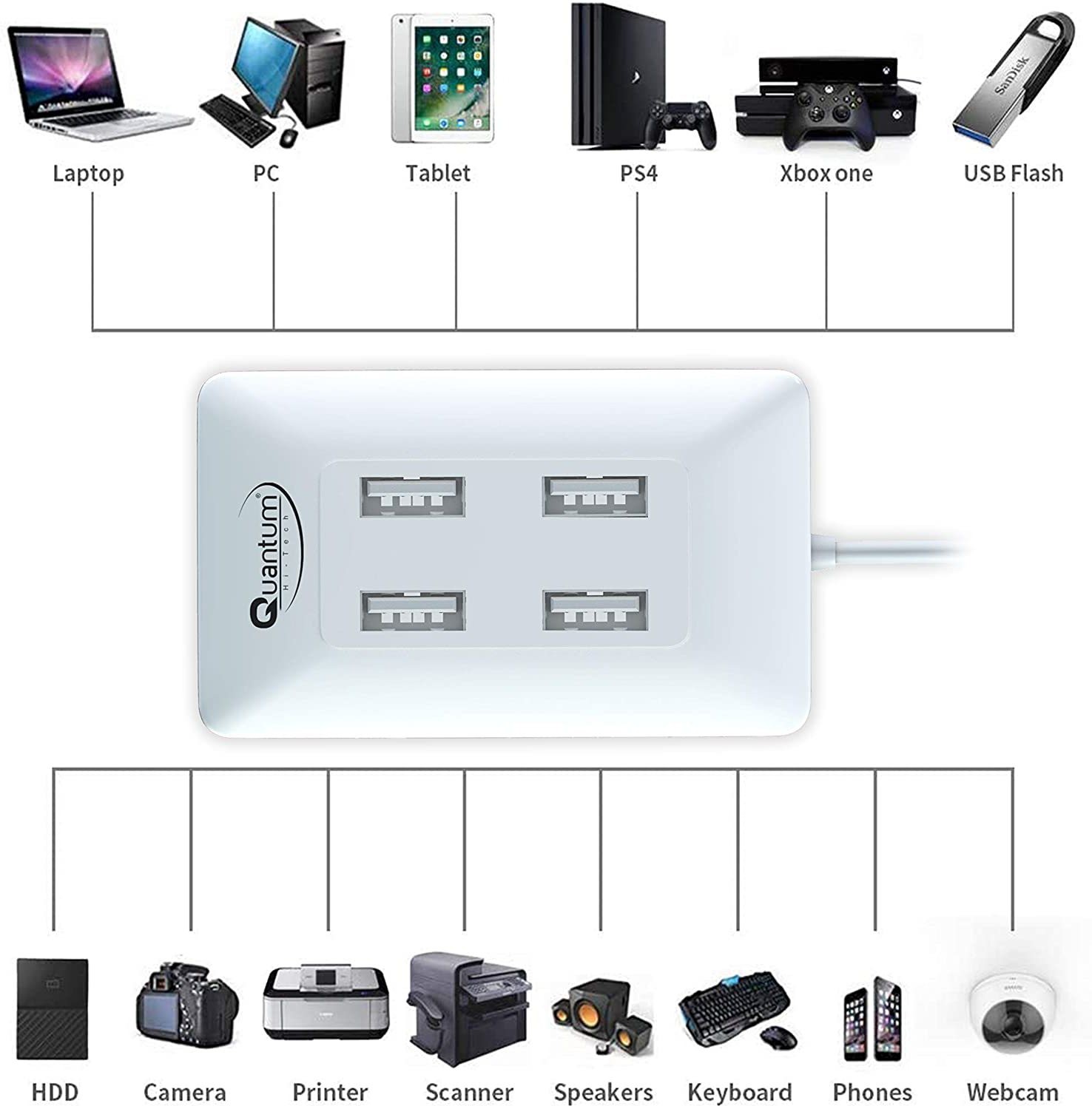 Quantum QHM6633 4-Port Hi-Speed USB Hub (Multicolor)