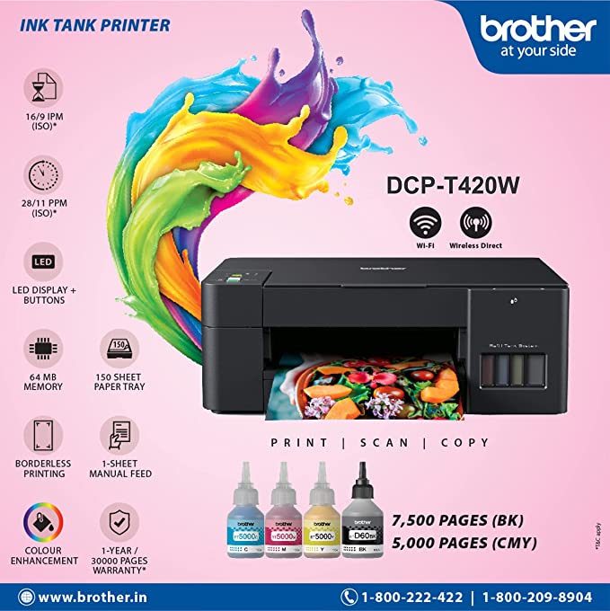 Brother DCP-T420W All-in One Ink Tank Refill System Printer with Built-in-Wireless Technology