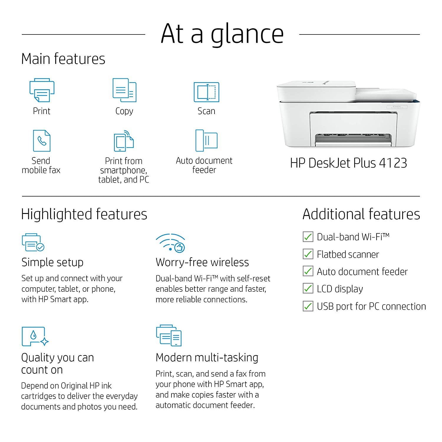 HP DeskJet Plus 4123 All-in-One Wifi Colour Printer, Scanner, and  Copier for Home, B&W Prints and Color prints with Easy Set-up 