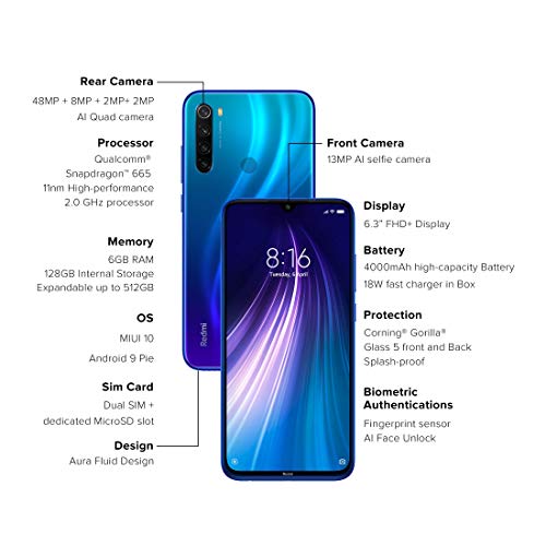 Redmi Note 8 Neptune Blue, 6GB RAM 128GB Storage Refurbished