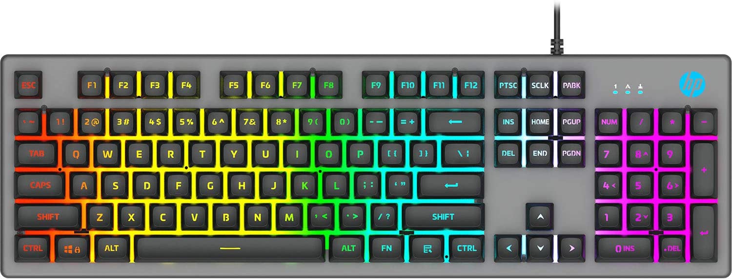 HP K500F Backlit Membrane Wired Gaming Keyboard, Backlit Mixed Color Lighting, Metal Panel with Logo Lighting, 26 Anti-Ghosting Keys