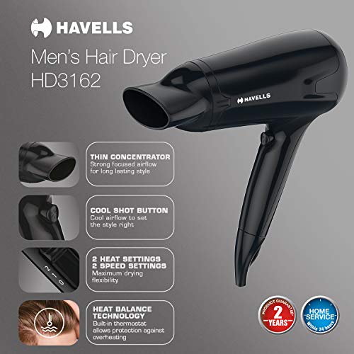 Havells HD3162 Mens Hair Dryer with Thin Concentrator - 1565 W Black