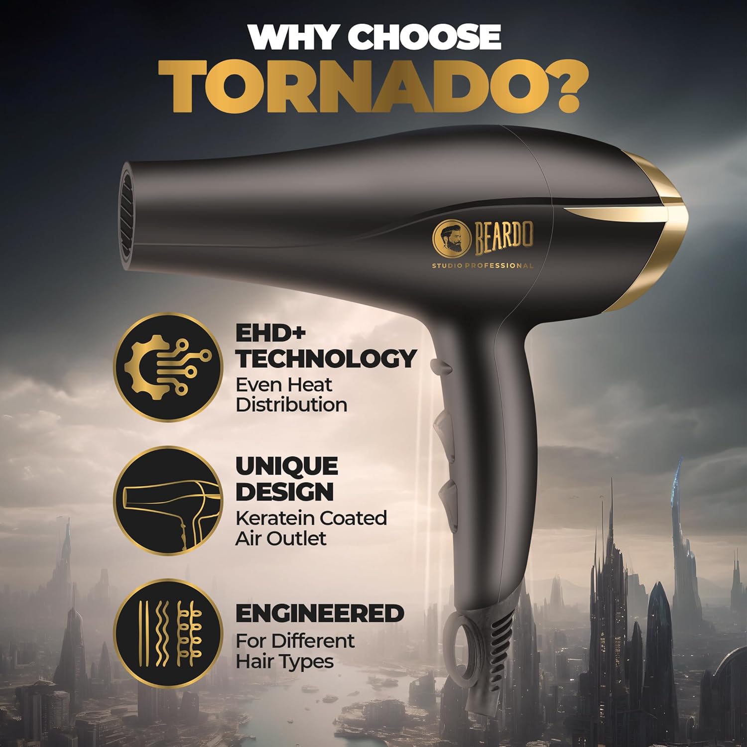 Beardo Studio Professional Tornado Hair Dryer with 2000 Watts Power | AC Motor, Concentrator, Diffuser, 2 Speeds, 3 Temperature Settings & Cool Shot feature | Suitable for Professional Drying Experience | Gift For Brother | Gift For Friends