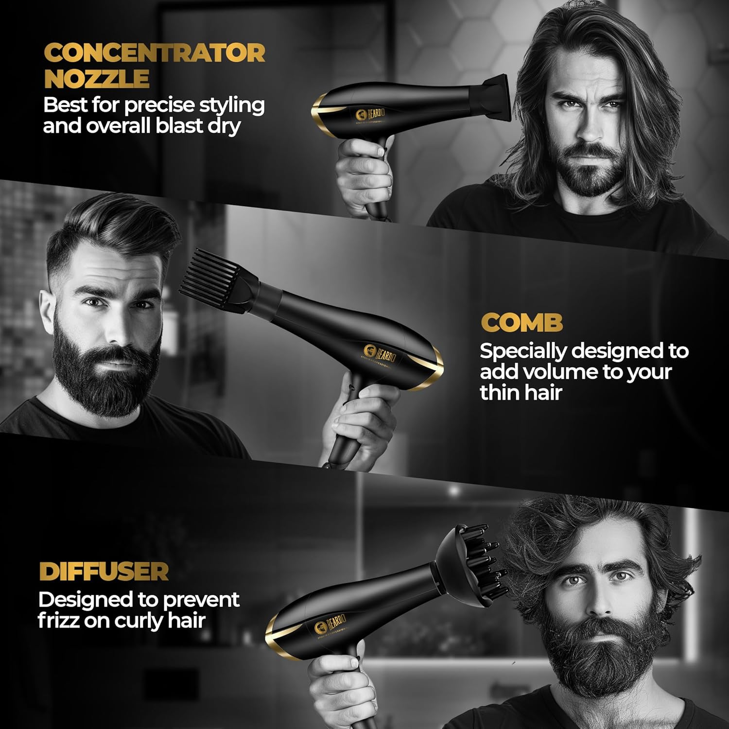 Beardo Studio Professional Tornado Hair Dryer with 2000 Watts Power | AC Motor, Concentrator, Diffuser, 2 Speeds, 3 Temperature Settings & Cool Shot feature | Suitable for Professional Drying Experience | Gift For Brother | Gift For Friends