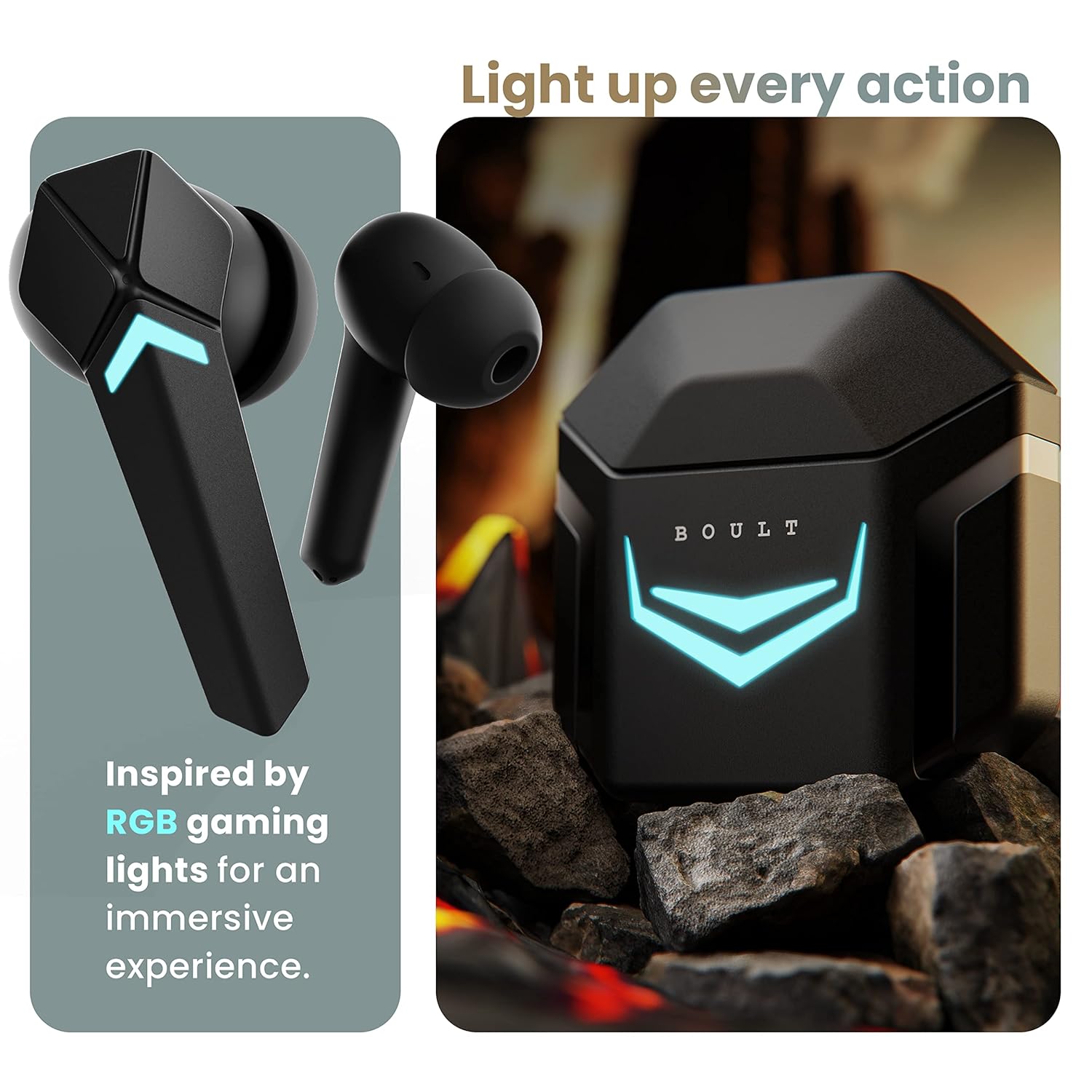 Boult Audio Ammo True Wireless in Ear Earbuds with 40ms Lowest Latency, 40H Playtime, ENC Mic, 13mm Bass Drivers, Interactive LED, Type-C Fast Charging (10Min=150min) Bluetooth Ear Buds