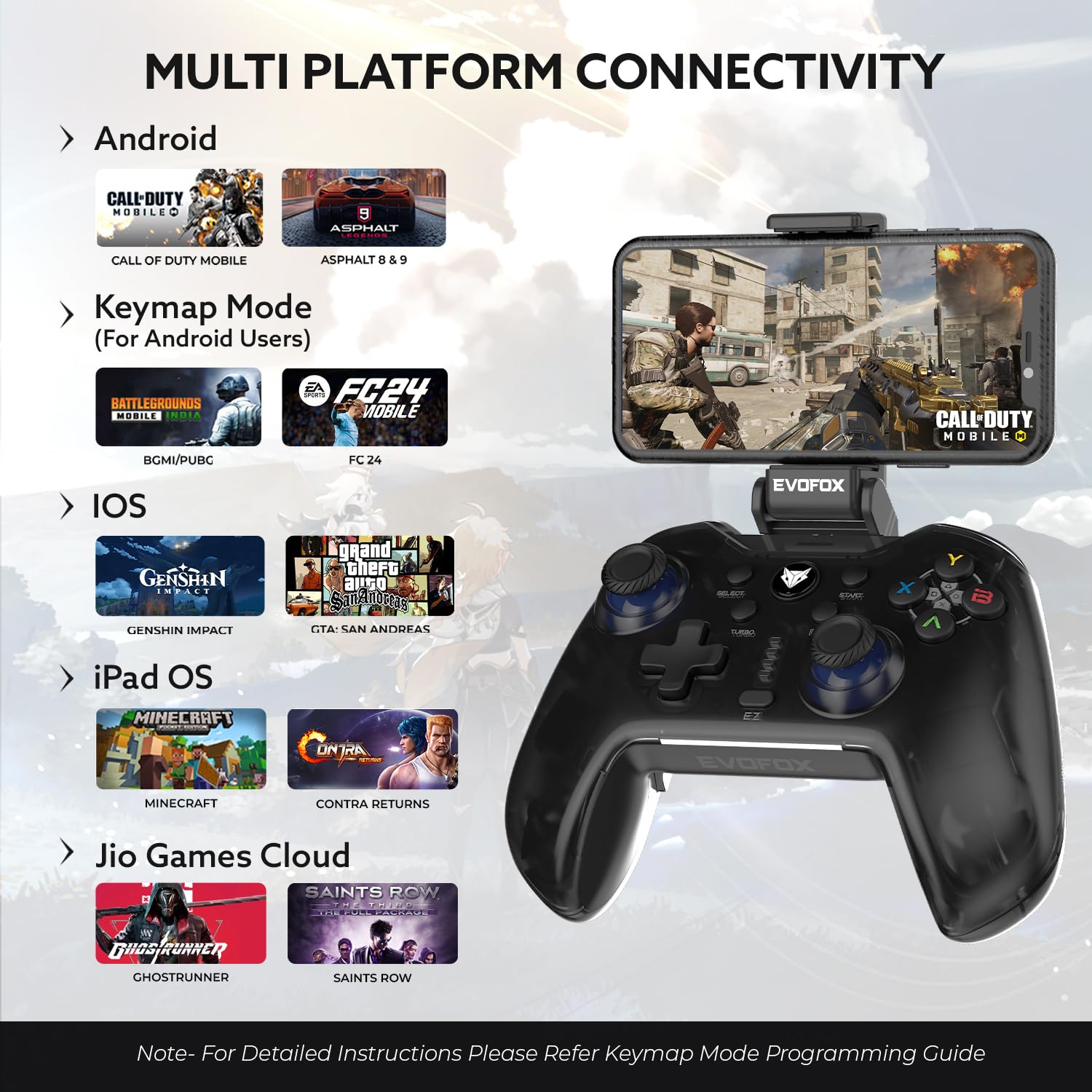 EvoFox One Universal Bluetooth Gamepad For PC, iOS, iPadOS, Android and PS4, Dynamic Rgb Lights, Transparent Design, Programable Buttons, Turbo Mode with The Dojo App, Detachable Mobile Clamp, and More