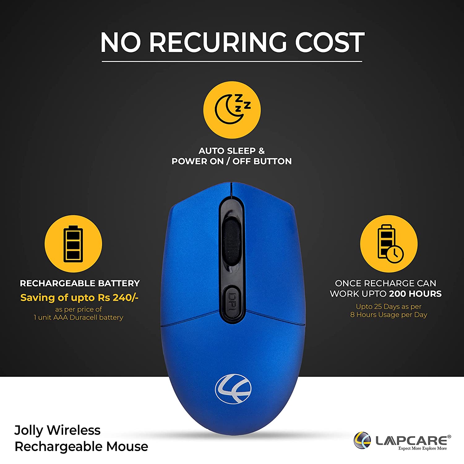 Lapcare Jolly Rechargeable Mouse - 4 Button, 1600 dpi - Gray 