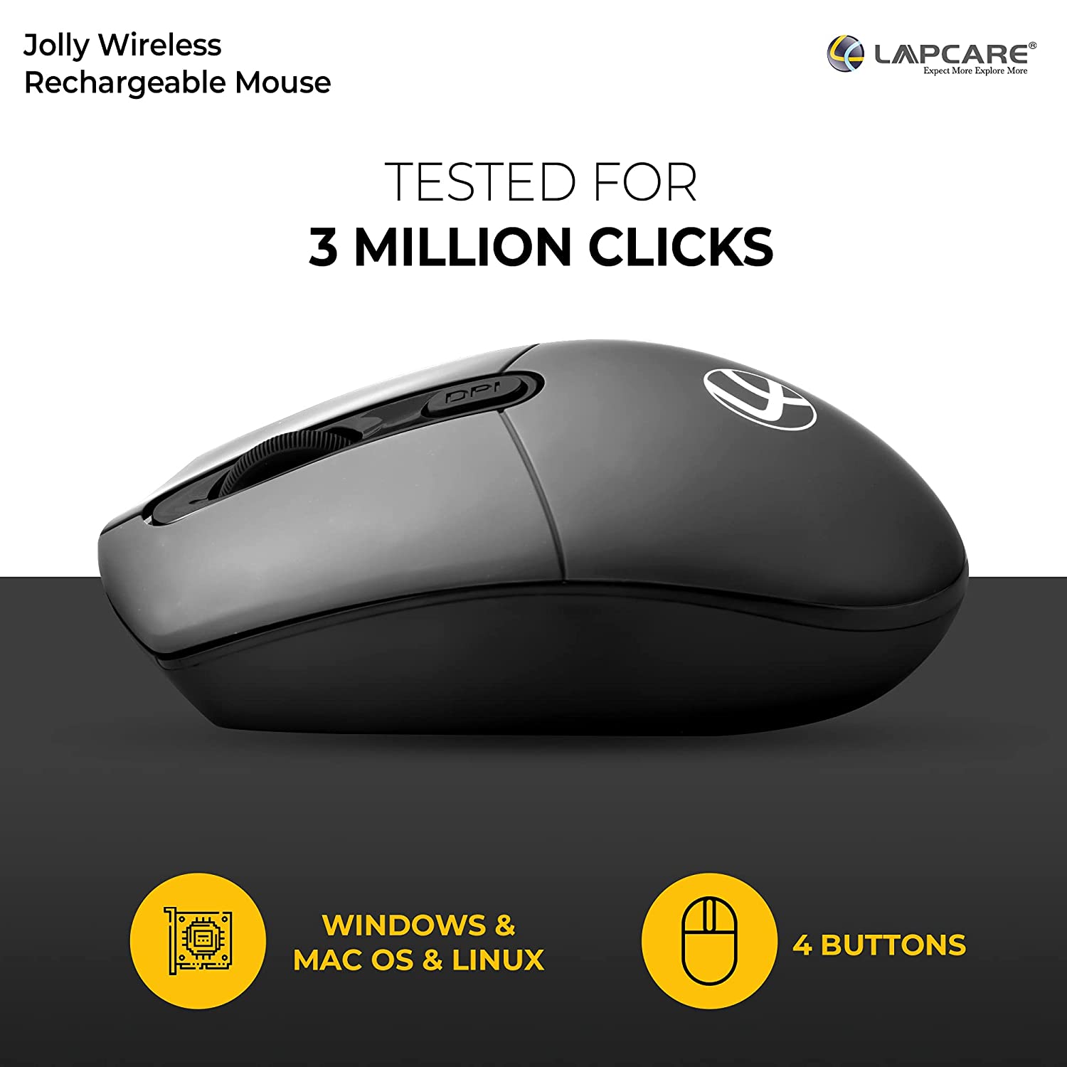 Lapcare Jolly Rechargeable Mouse - 4 Button, 1600 dpi - Gray 