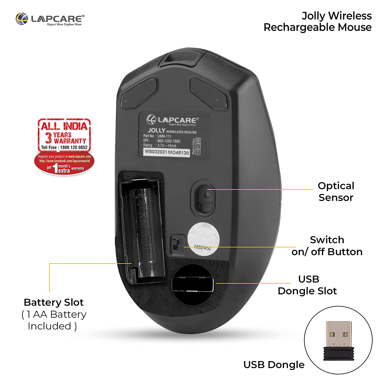 Lapcare Jolly Rechargeable Mouse - 4 Button, 1600 dpi - Gray 