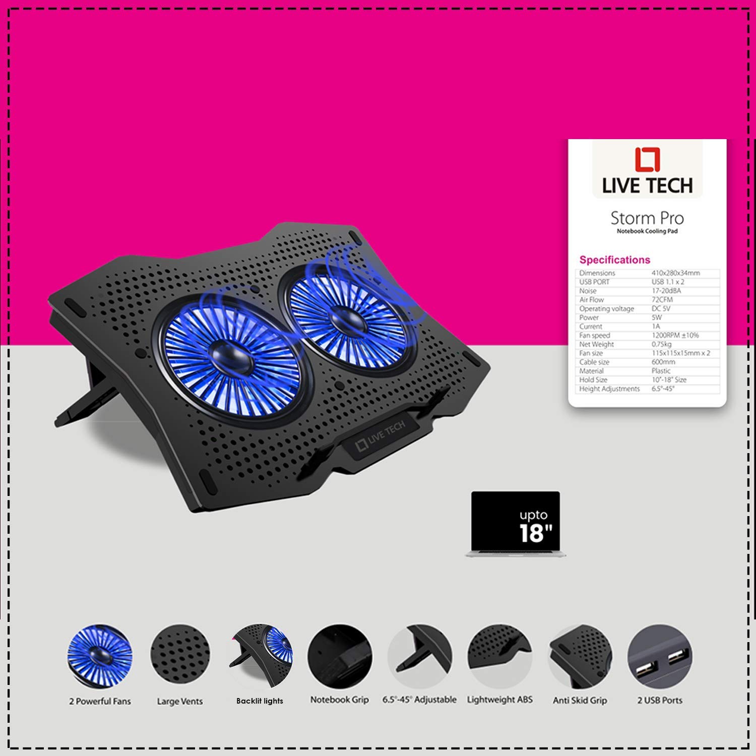 Live Tech Storm Pro Laptop Cooling Led Pad with Dual Fan for 15.6" to 17.3" Notebooks