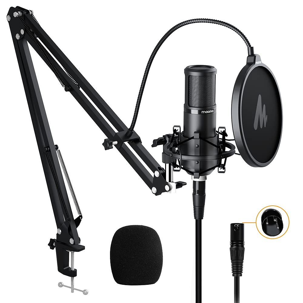 MAONO AU-A03 Condenser Microphone Kit Podcast Mic with Boom Arm Microphone Stand (Black)