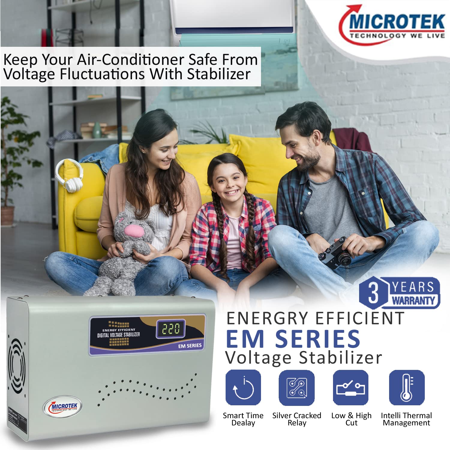 Microtek EM4130+ Automatic Voltage Stabilizer for AC up to 1.5 ton (130V-300V), Metallic Grey – Digital Display, Wall Mounted