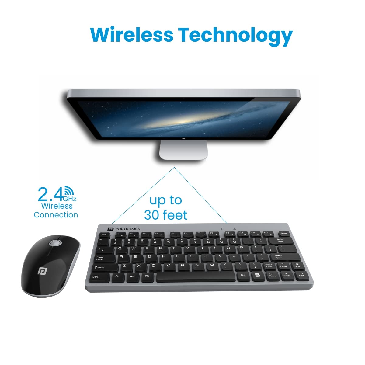 Portronics key2 combo multimedia usb wireless keyboard and mouse set with 2.4 ghz silent button compact size grey